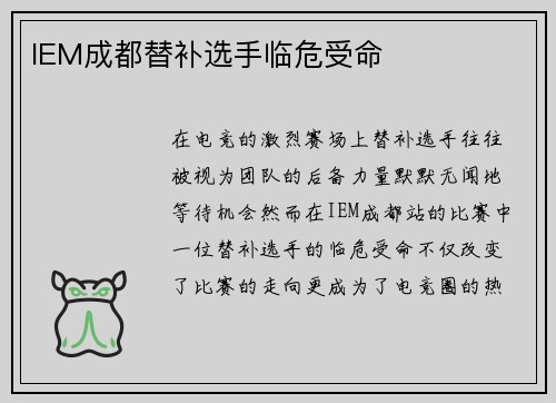 IEM成都替补选手临危受命