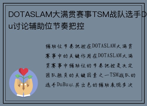 DOTASLAM大满贯赛事TSM战队选手DuBu讨论辅助位节奏把控